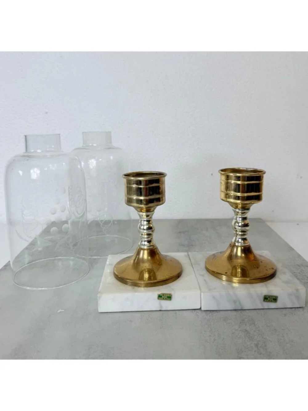 Vintage Italian Hurricane Candle Holder Set of 2 Brass Marble Etched Glass Pair